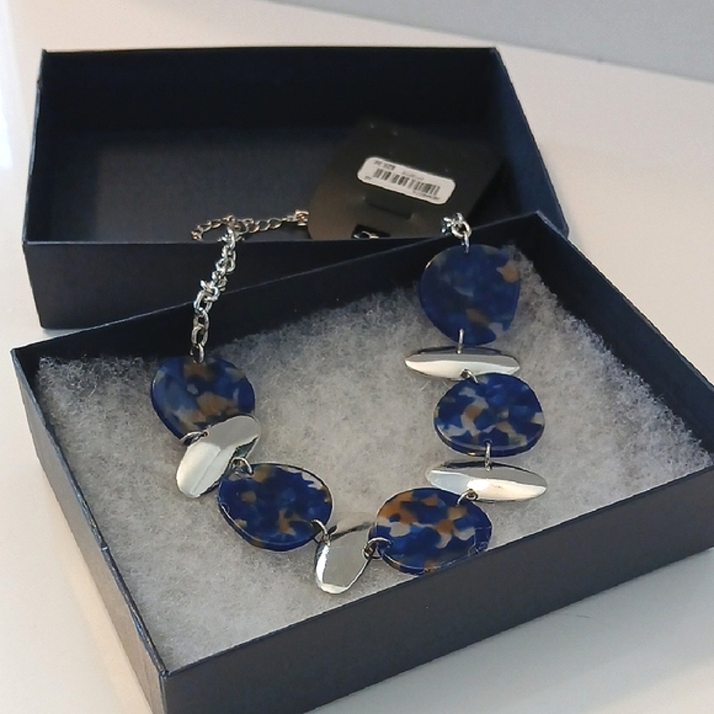 Blue and Silver Enamel Necklace with Polished Finish NWT